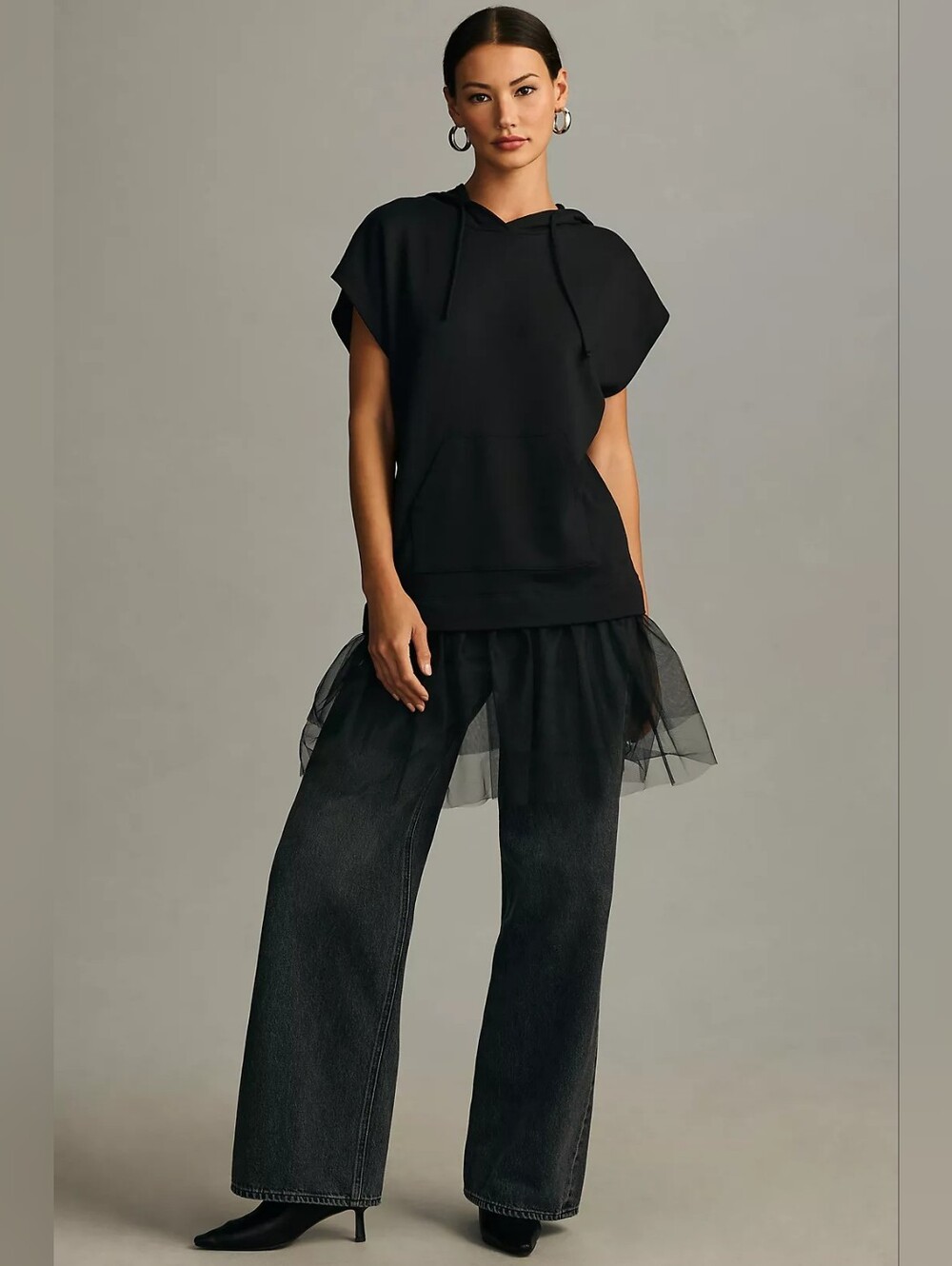 Anthropologie Pilcro Black Short-Sleeve Hoodie Dress with Tulle Hem Size S